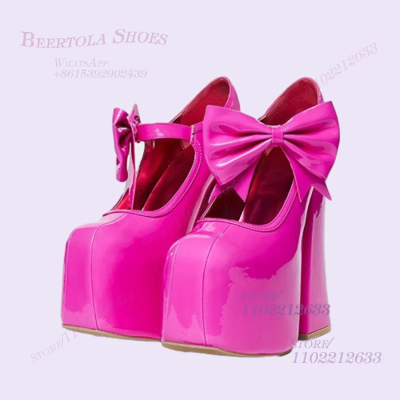 Big Bow Fuchsia Platform Heels Girl Sweet Glossy Leather Rose Red Sandals Round Buckle Party Skirt Spring Pump Cute Women Shoes