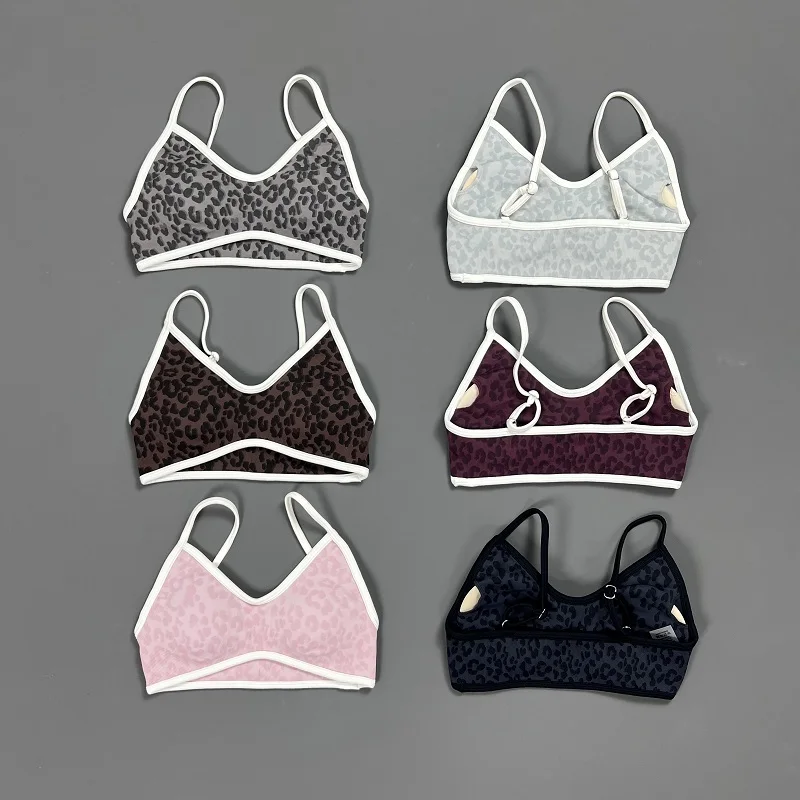 Leopard Print Sports Bra Women Removable Cups Seamless Yoga Ribbed Gym Workout Fitness Top Shockproof Training Sportswear