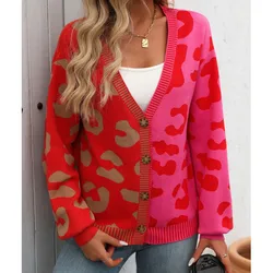 Loose Single Breasted Sweater For Women's Autumn And Winter New Contrasting Leopard Print V-neck Cardigan Sweater Casacas Femme