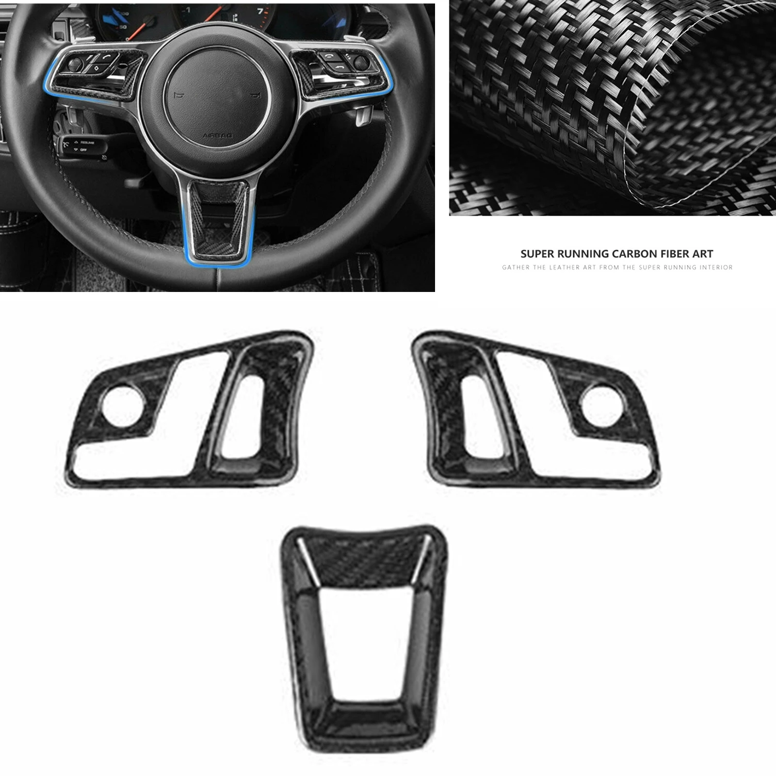 

For Porsche Cayenne 2018-2021 3pcs Dry Carbon Fiber Car Steering Wheel Button Panel Frame Cover Trim Key Switch Sticker Decor