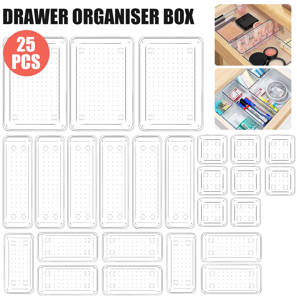 25-teiliges Schubladen-Organizer-Set – durchsichtige Kunststoff-Trennbehälter in 4 Größen, Aufbewahrungsbox für die Aufbewahrung von perfekten Make-up-Schmuck