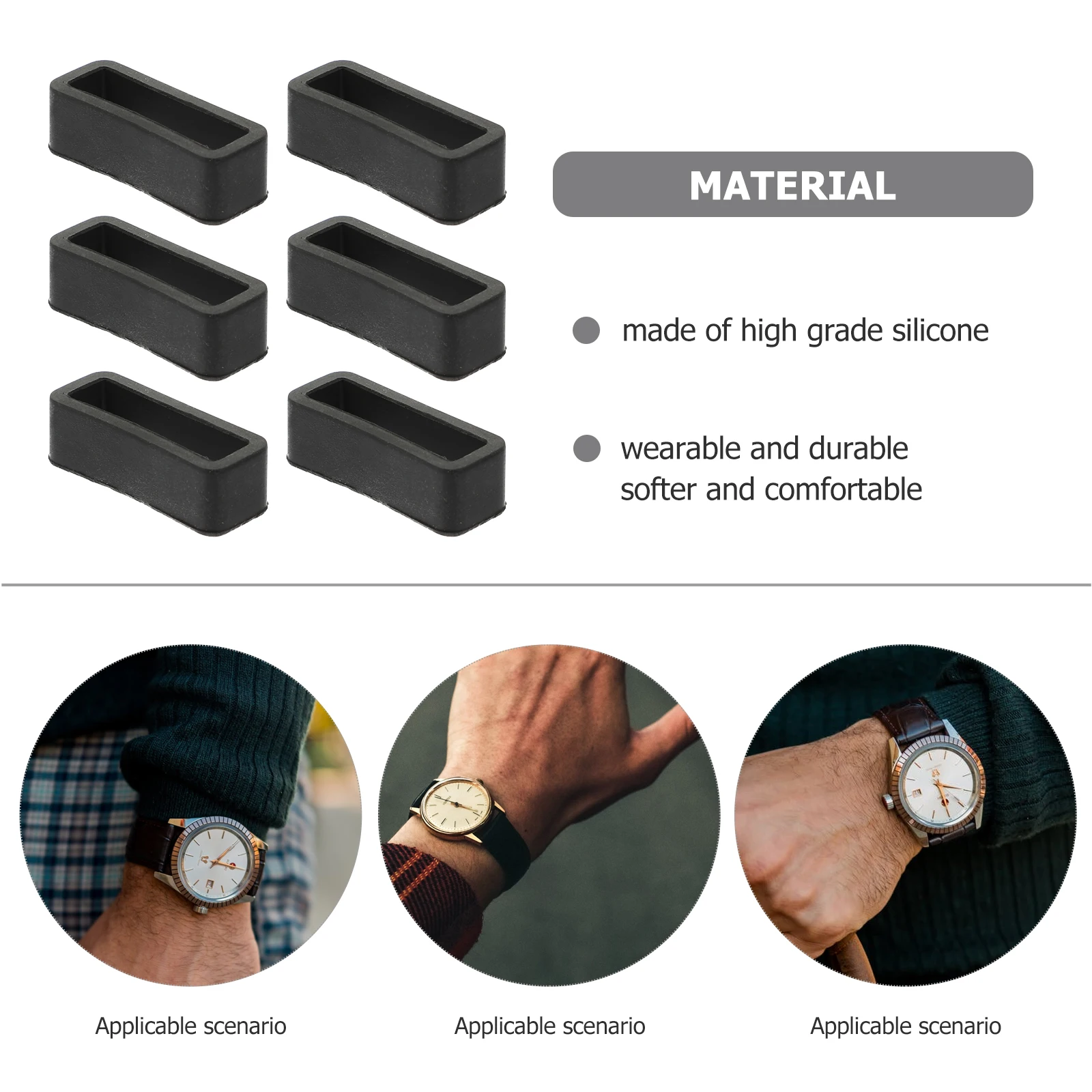 

6Pcs Comfortable Black Silicone Watchband Loop Replacement Parts for Long-Lasting Wristband Effect