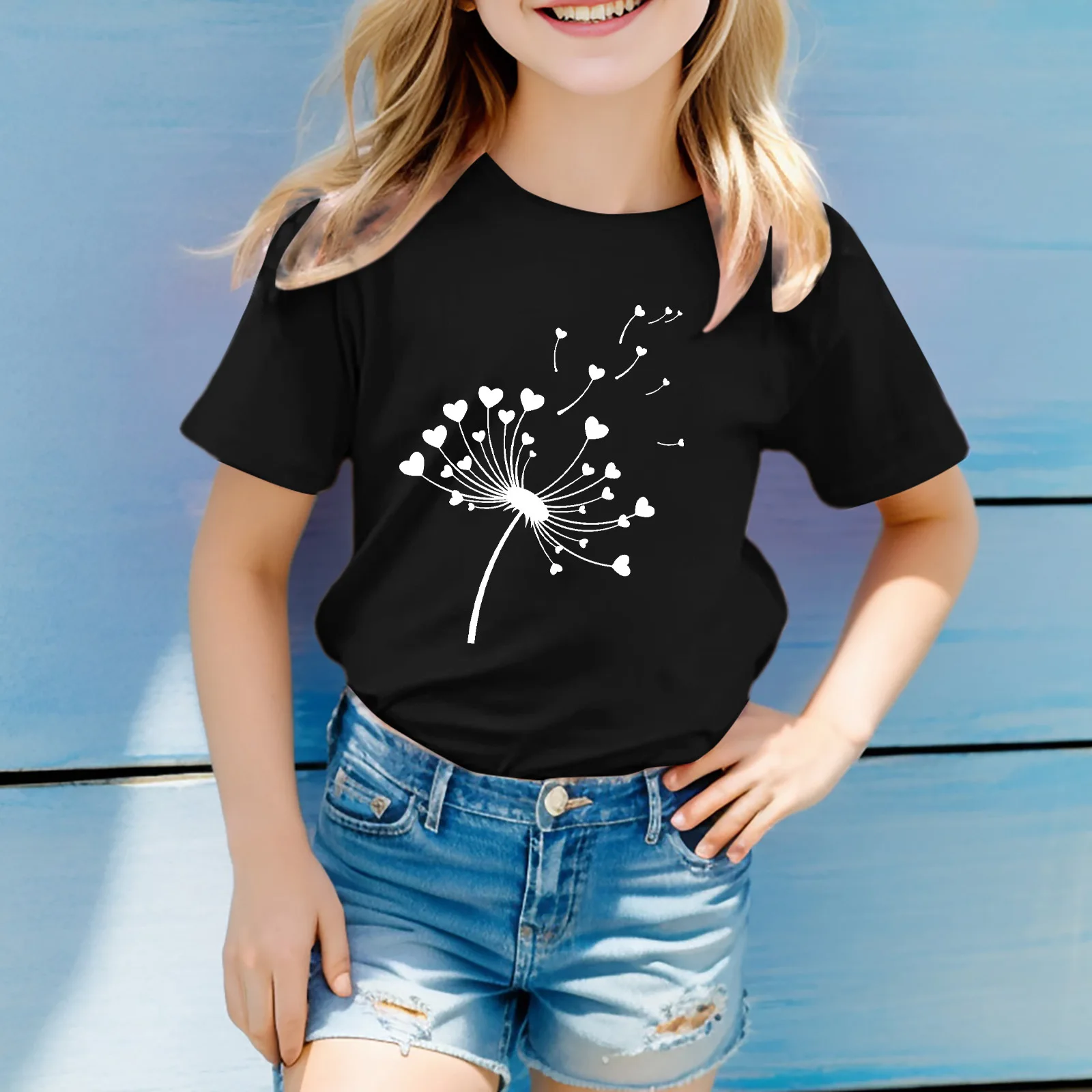

New Summer Children's Clothing Style: Cute Dandelion Printed Round-neck T-shirt for Children and Short-sleeved Top for Adults