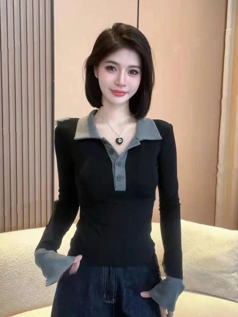 

Сексуальная женская футболка с воротником и вставками, облегающая, для ношения под одеждой, весенняя новинка, вязаная, мягкая, повседневная