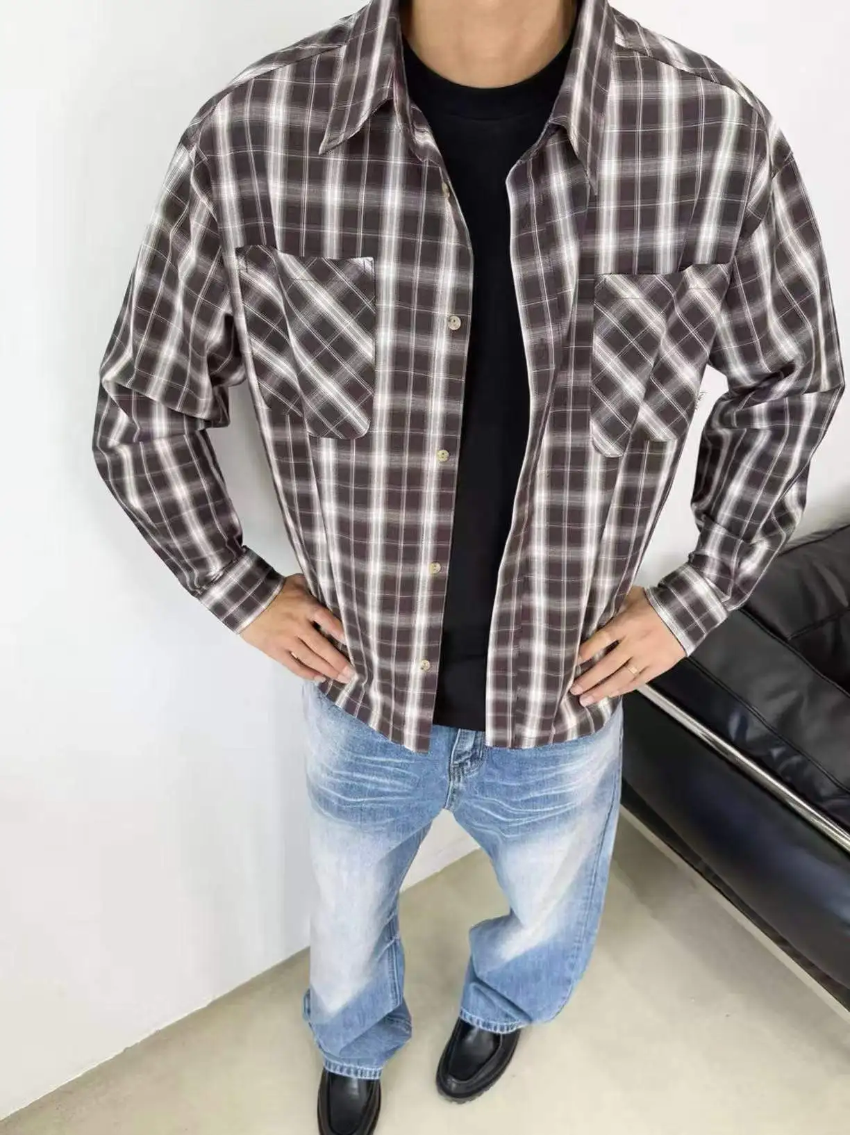 

Ретро-американская клетчатая верхняя одежда Long Sve Cotton irt ex, повседневная верхняя одежда на пуговицах со свободным подолом для осени, удобная дышащая...