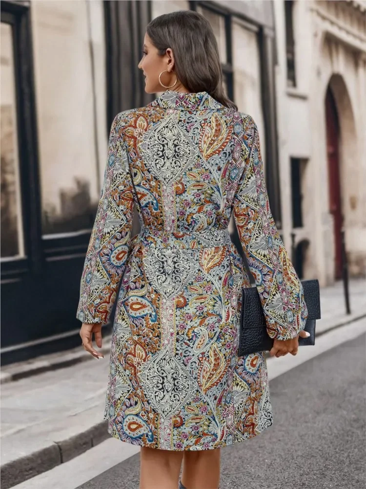 ใหม่ฤดูใบไม้ร่วงฤดูหนาวผู้หญิงแฟชั่นพิมพ์แขนยาวเดี่ยวเสื้อเซ็กซี่ V คอแขนยาวชุด