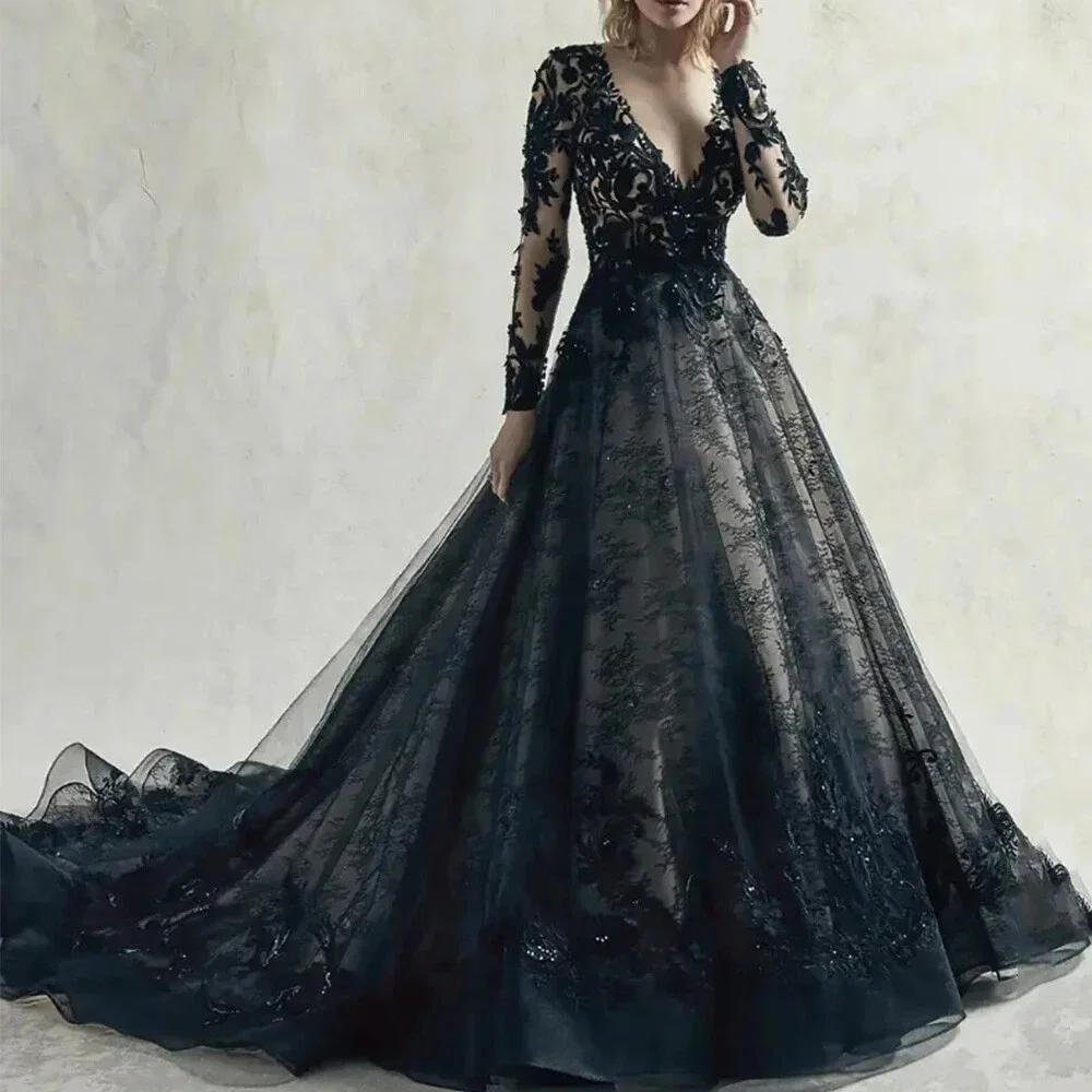 

Black Gothic Wedding Dresses Lace Applique V-Neck Long Sleeves A-Line Bridal Gowns Customized
