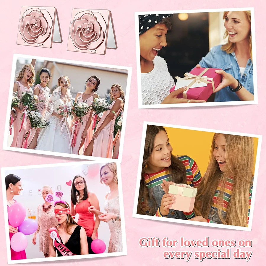 6/12Set 7cm Square Rose Mirror with Storage Bag Lady Portable Handheld Folding Mirror Dressing Table Makeup Accessories