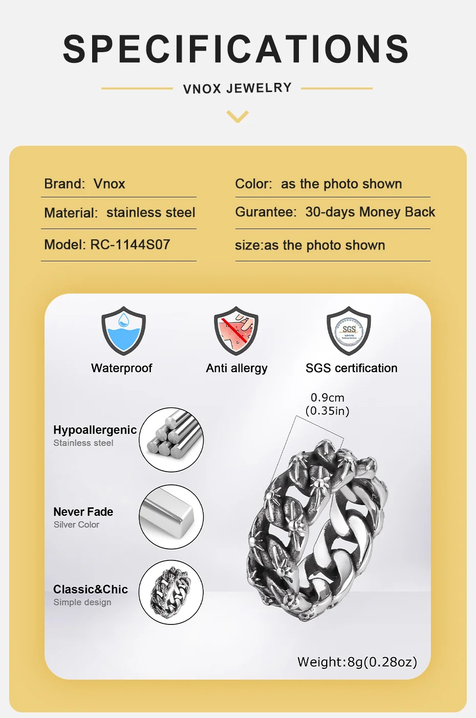 Vnox Edelstahl 9mm Kubanische Gliederkette Ring, Silberfarben Vintage Kettenband für Männer und Jungen, Punk Hip-Hop Schmuck Geschenke, Größe 7-11 – Detail 5