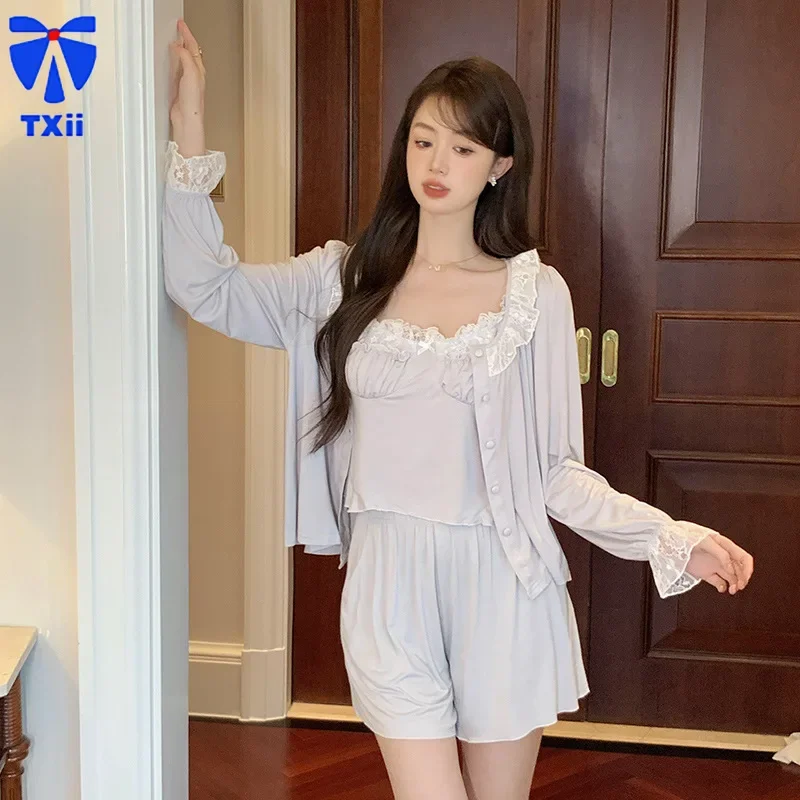 TXii Newlook 2024 New Sling Pajamas suit Summer Three-Piece Sweet Long-Sleeved Shorts suit Outer-Wearing Home Clothes