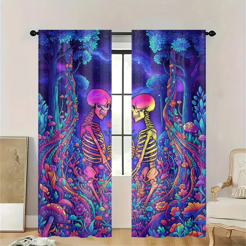 Boho Psychedelic Skeleton Mushroom Forest Curtain Window Drapes Bohemian Gothic Shower Curtain Purple Blue Neo Surreal Art Home
