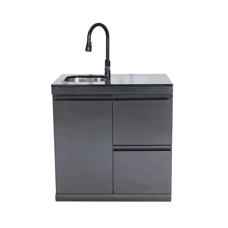 Outdoor kitchen double drawer sink cabinet set with black marble countertop storage cabinet