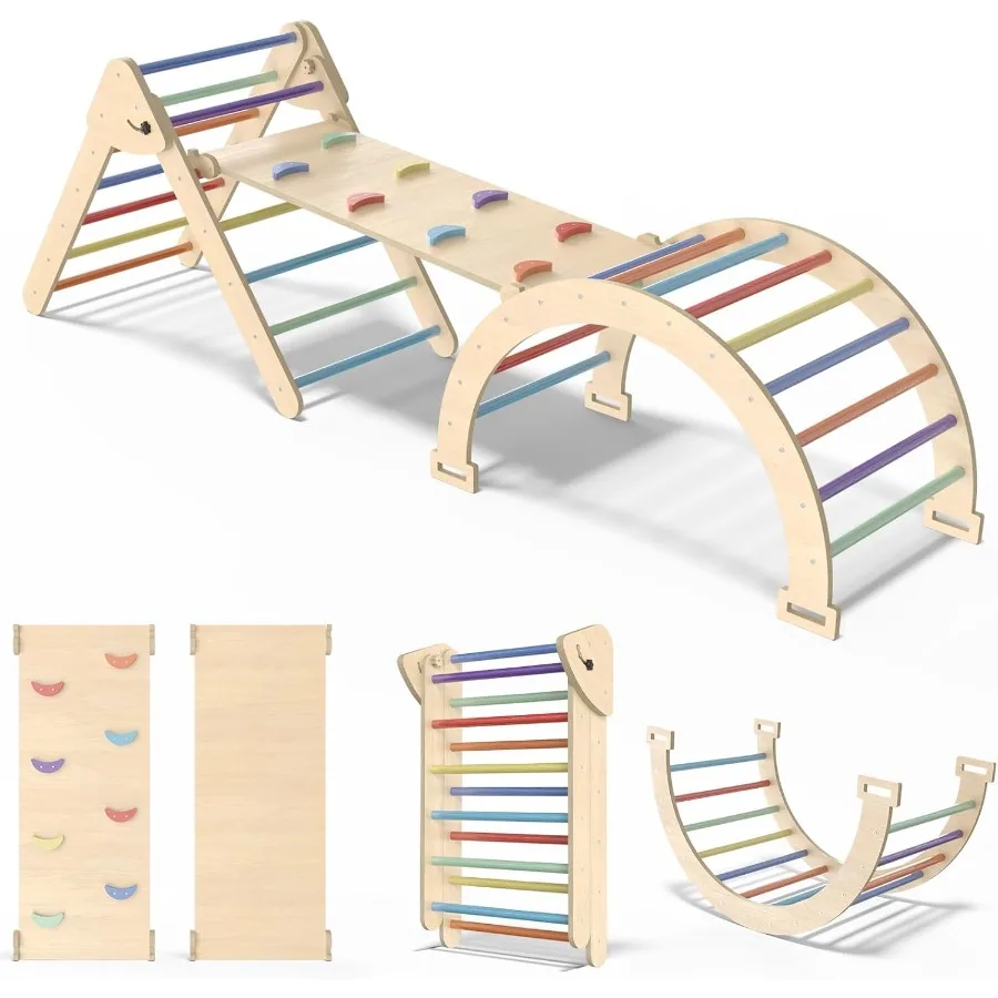 

Треугольный набор Монтессори Пиклер 7 в 1, складной деревянный тренажерный зал для восхождения для малышей, игровое оборудование в помещении с арочной рампной, лестница в