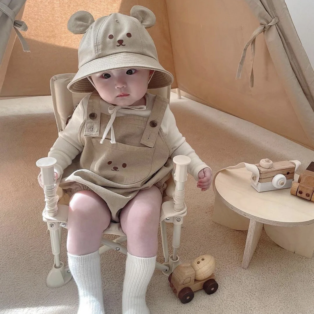 Newborn Baby Boy Cute Cartoon Squirrel Overalls Fashion Soft Infant Girl Bear Cotton Sleeveless Bodysuit Lace-up Bucket Hat