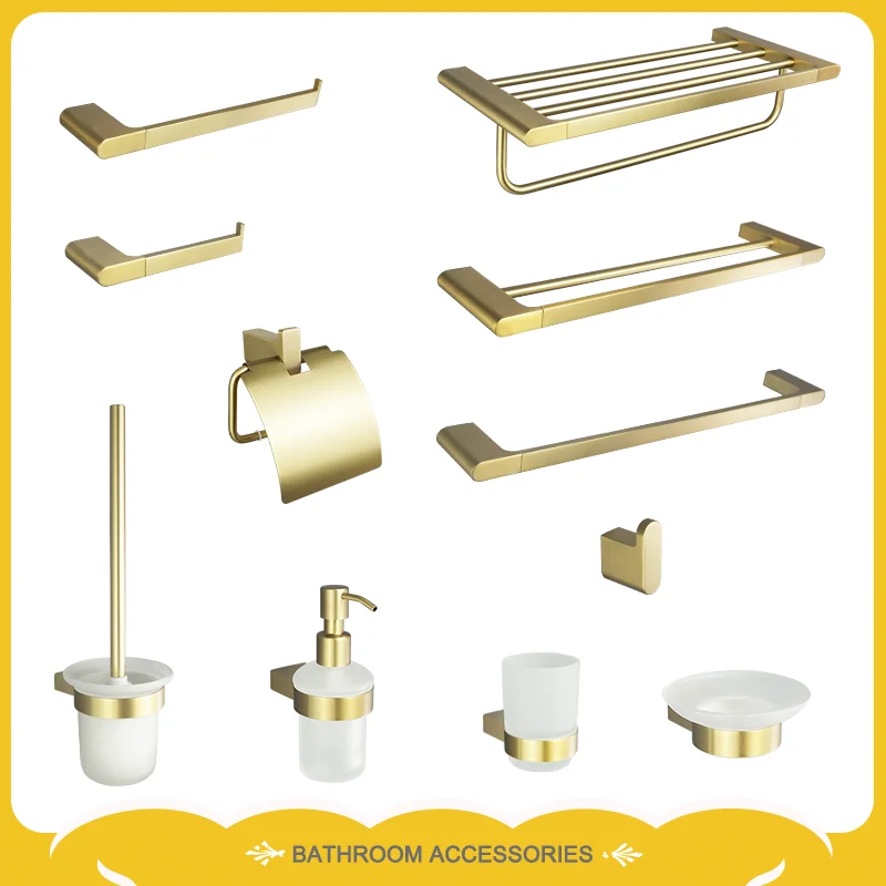 

Brushed Gold Soap Dispenser Paper Holder Towel Rack Bathrobe Hook Towel Bar Cup Holder Stainless Steel Bathroom Hardware Set