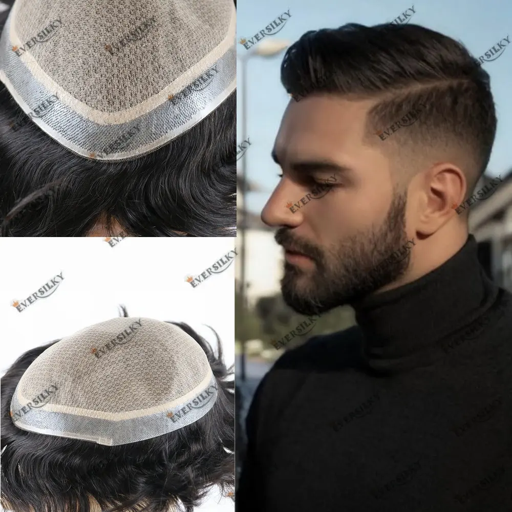 Toupee men Mlace Silk Lace Base with PU Around 100% Natural Human Hair Toupet Male Hair Prosthesis 6