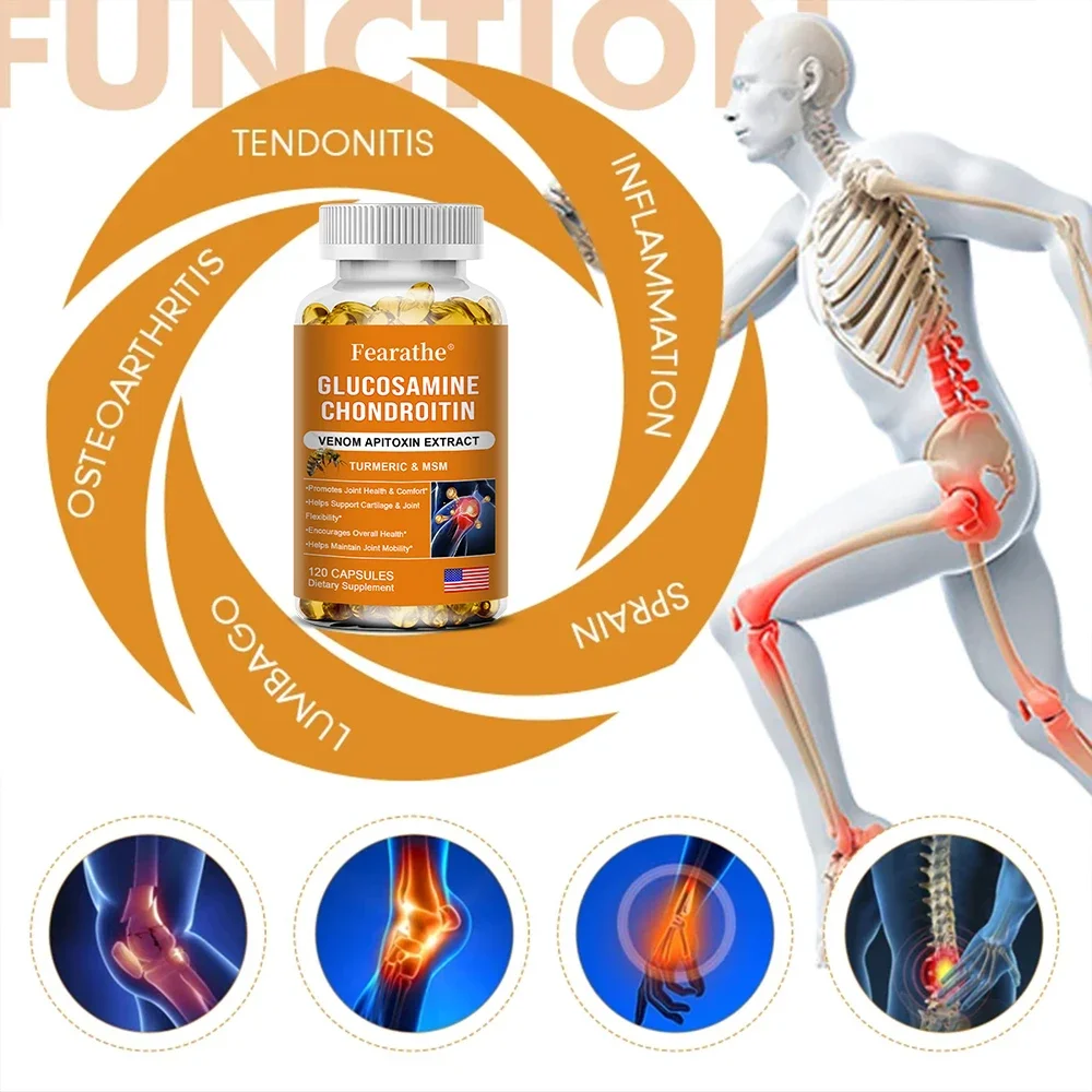 Chondroitin Glucosamine Capsules Turmeric MSM, Natural Bee Venom Extract for Knees Joint Health Bone Fast Nutritional Supplement