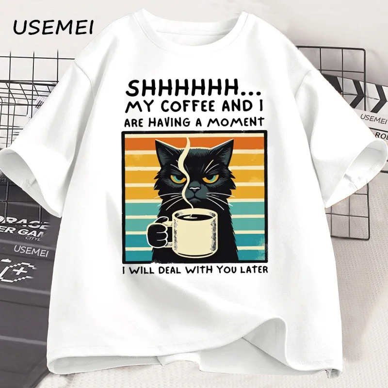 Funny Coffee Cat T-Shirt Summer Cotton Short Sleeve Cat Mama T Shirt Coffee Lover Tee Shirt Retro Cat T Shirt Mens Clothes
