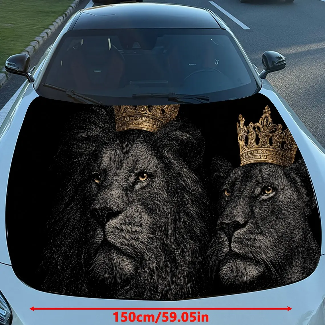 Car Decal Lions (Male and Female) with Golden Crowns in Artistic Dark Background & Royal-Distinguished Visual Details Car Hood S - view 2