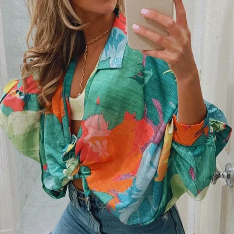 Sexy Printed Oversized Women\'s Shirt Lace Up Long Batwing Sleeve Lapel Fashion Cardigan Female Top 2022 New Spring Street Shirts