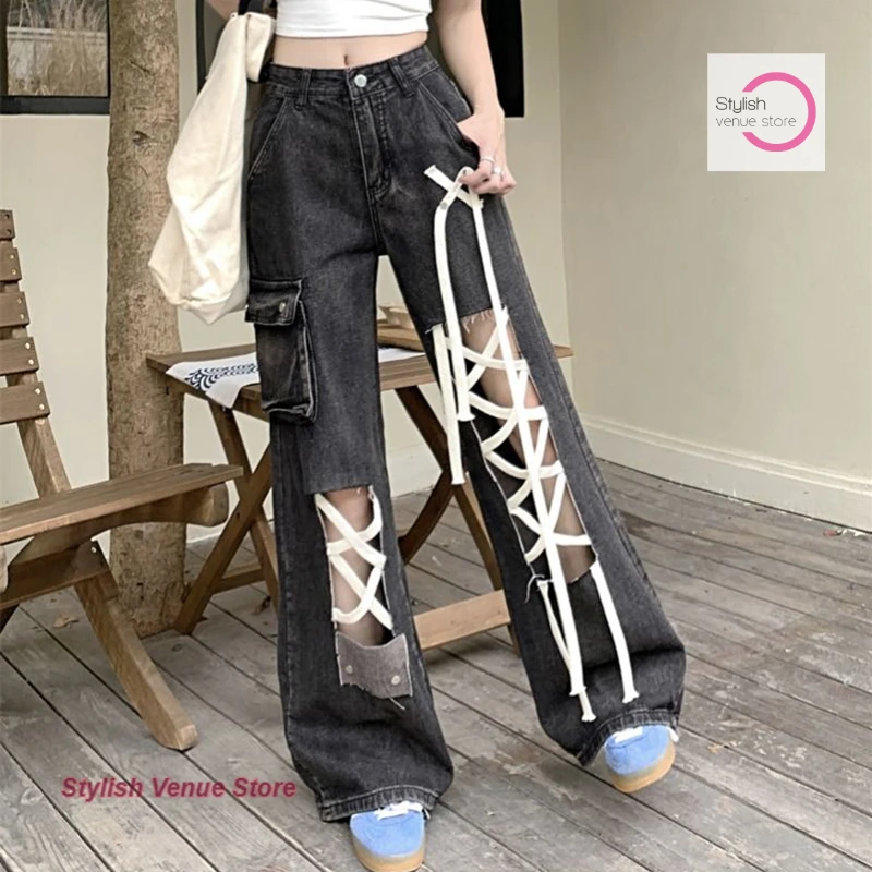 

American retro old worker hole binding design sense jeans female summer and autumn spice girl loose straight wide-leg mop pants