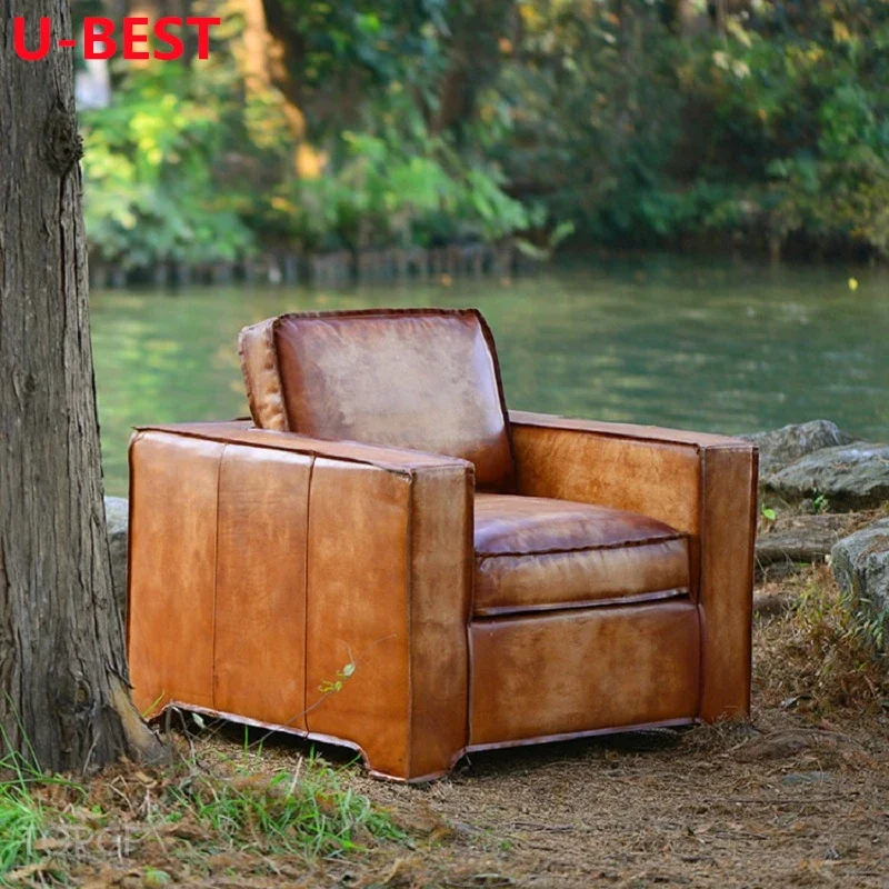 U-BEST Classic Leisure Chair Home Furniture American Style Antique Living Room Leather Single Seat Sofa Chair