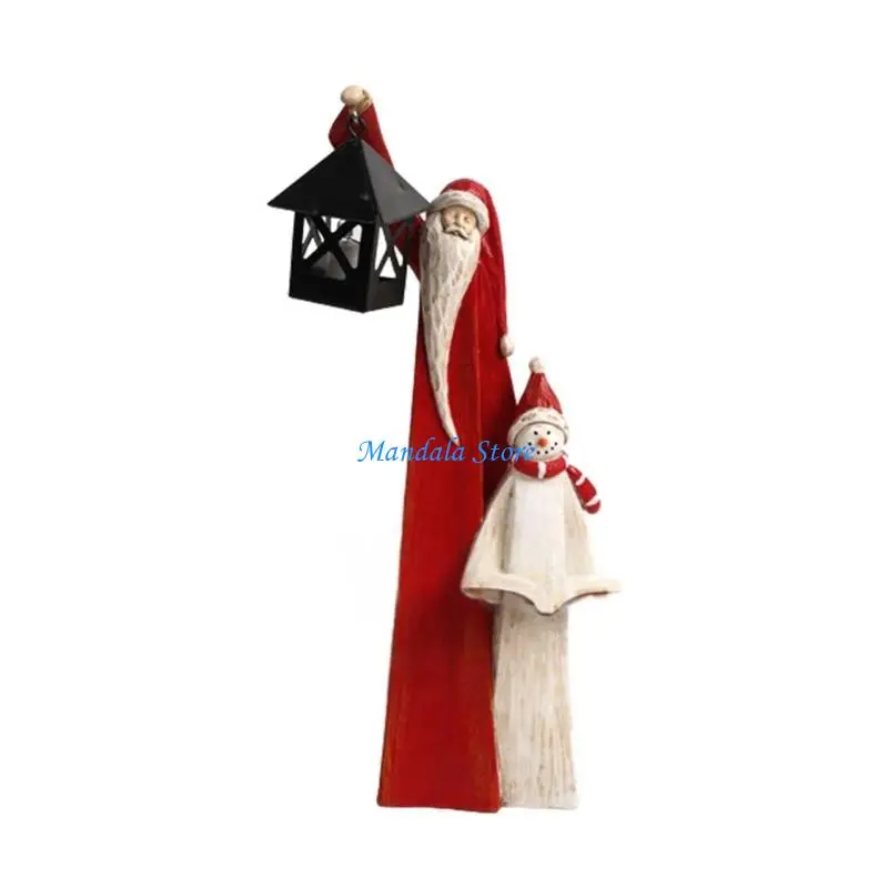 

U2JC Holiday Resin Santa With Lantern Snowman Statue Weatherproof Christmas Gift For Family Friend Home Decoration