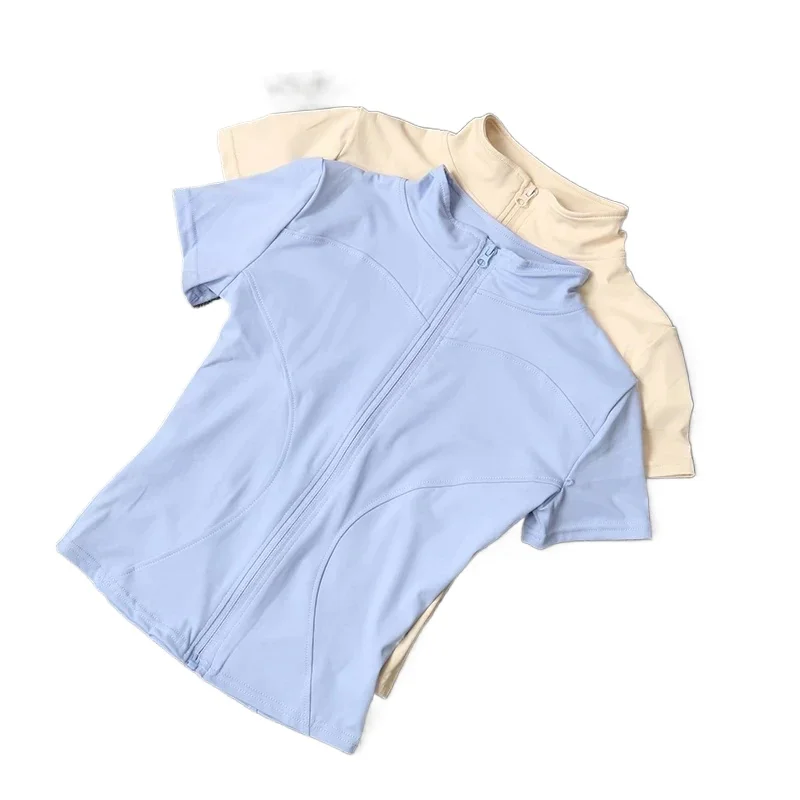 

Высокоэластичная быстросохнущая женская летняя спортивная куртка для йоги с коротким рукавом и молнией, облегающая