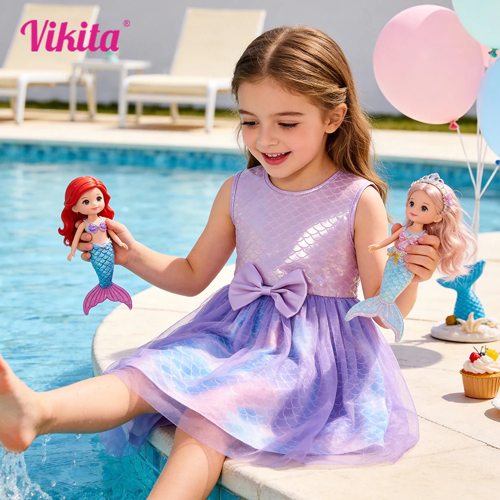 Kids Mermaid Scale Print Tulle Dress Girls Sleeveless Summer Purple Princess Fluffy Dresses with Bow Knot Girls Party Dresses