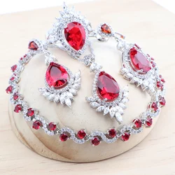 925 Silver Red Zircon Bridal Jewelry Sets Wedding Stones Bracelets Earrings Rings Pendant Necklace Set For Women
