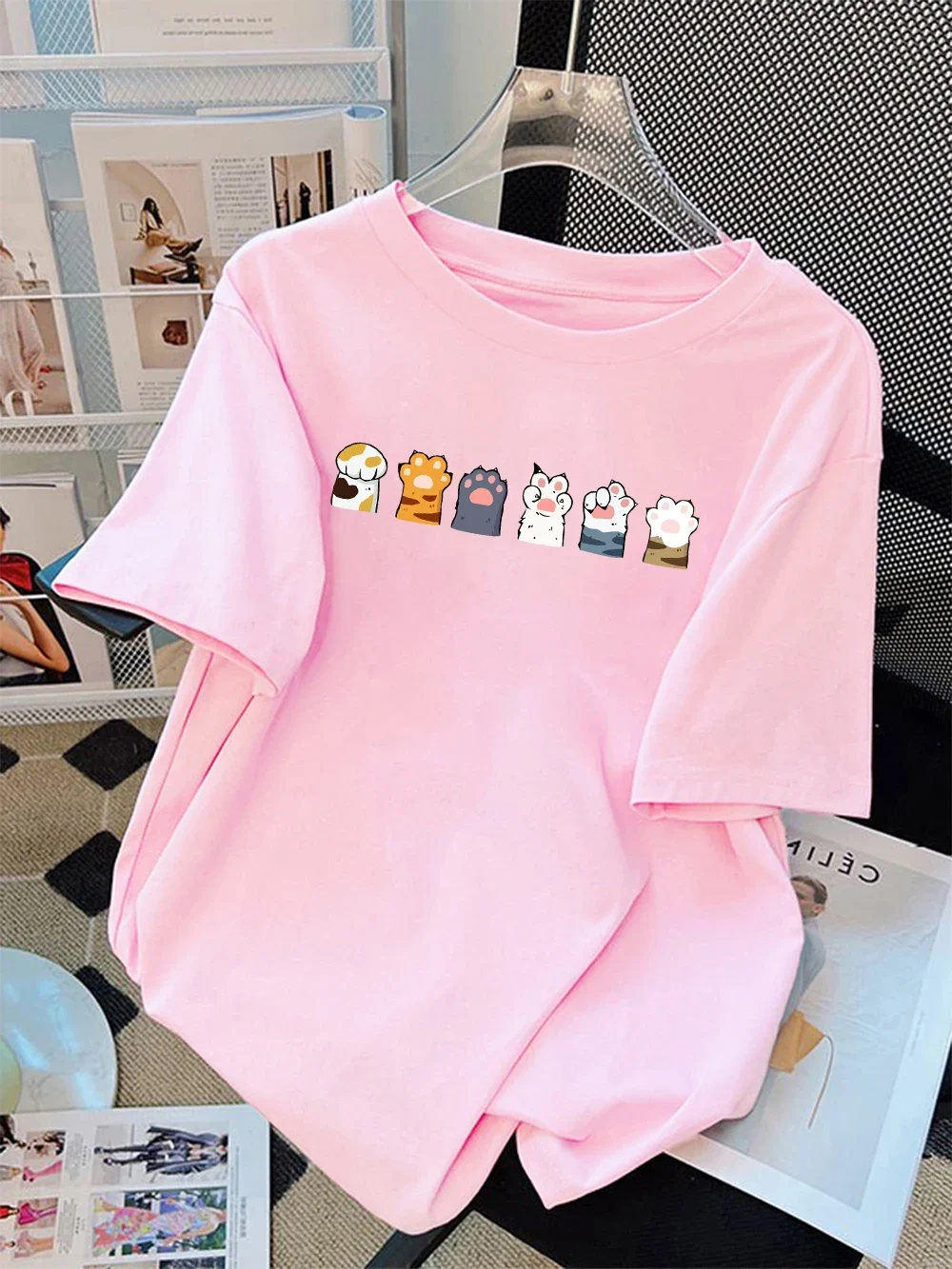 Different Color Cat Paw Combinations Prints Summer T-Shirts Womens Short Sleeve Tees Soft O-Neck Tops Basic Clothes
