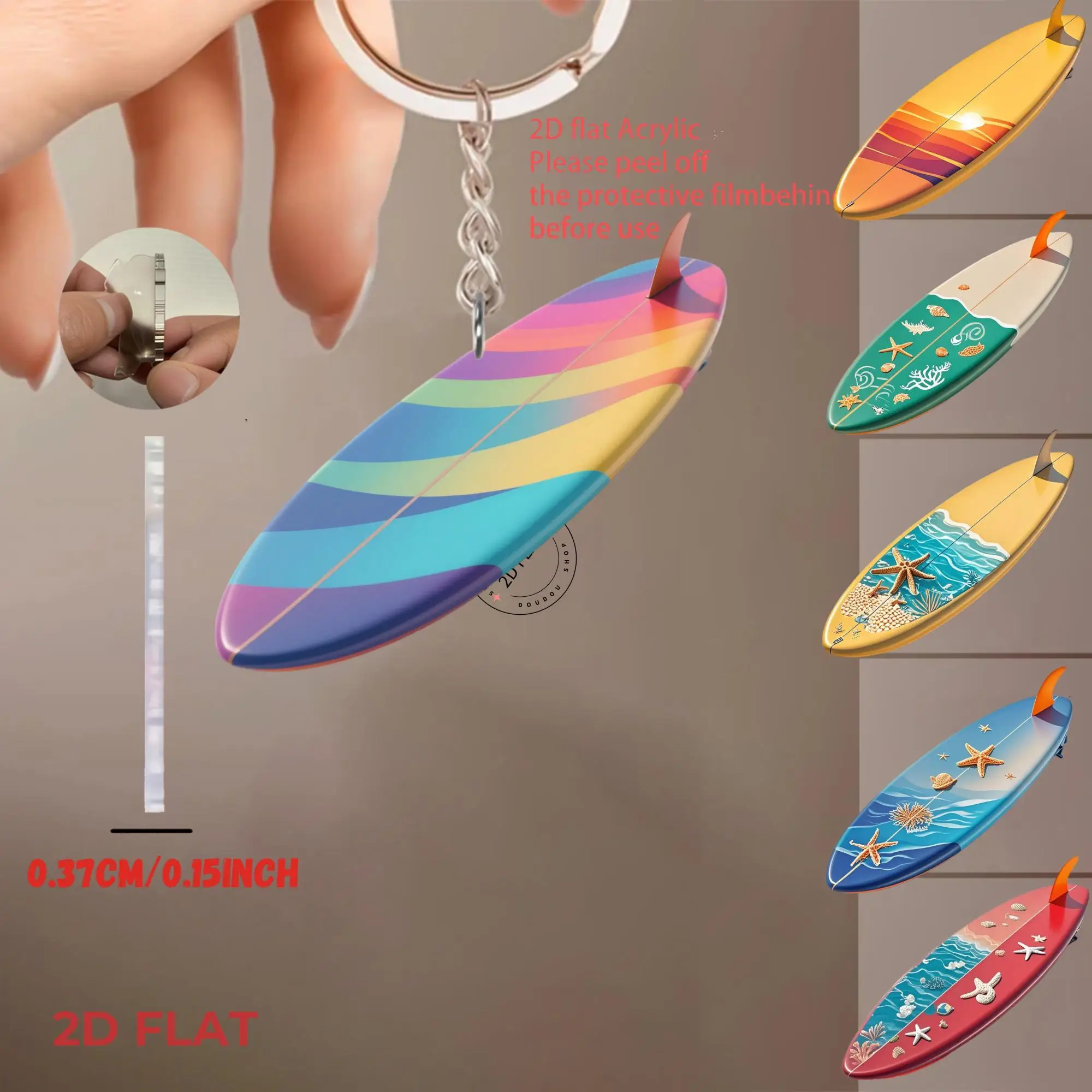 2D Creative Surfboard Keychain Sports Theme Pendant Acrylic Ornament Charm Hanging Decoration for Bags Festive Birthday Gifts