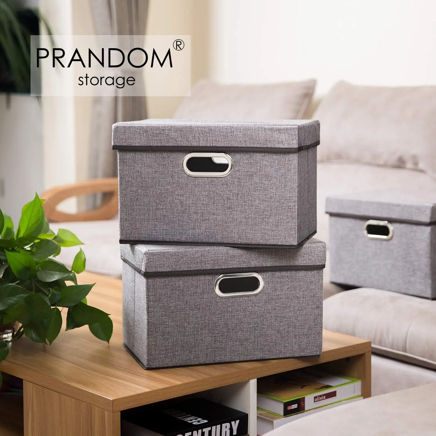 Collapsible Storage Containers with Lids [5-Pack] Linen Fabric Foldable Storage Bins Boxes Organizer Baskets Cube with C