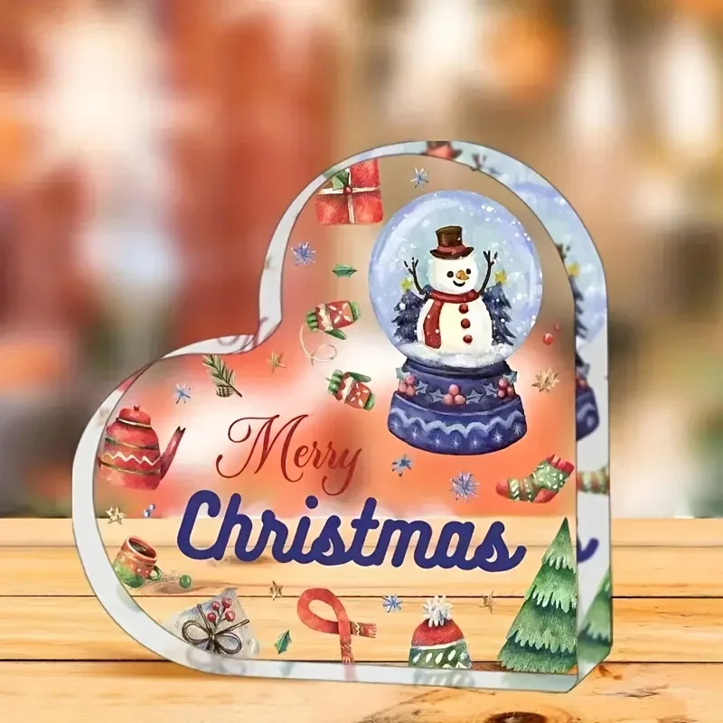 Merry Christmas Heart‑Shaped Acrylic Plaque, Snowman Snow Globe Table Decor,Cozy Xmas Heart Acrylic Keepsake Plaque, Festive Tabletop Decoration