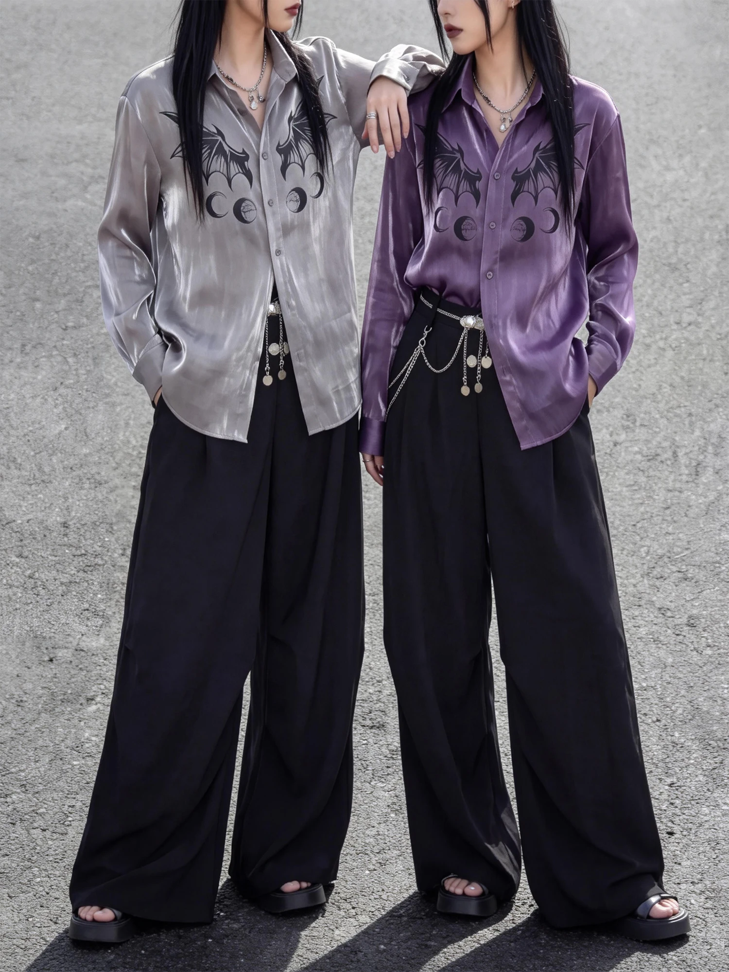 

Elegant Moon Print Silk Shirt Women's Loose Fit Long Sleeve Breathable Polyester Fashionable Dark Style Versatile Grey Color