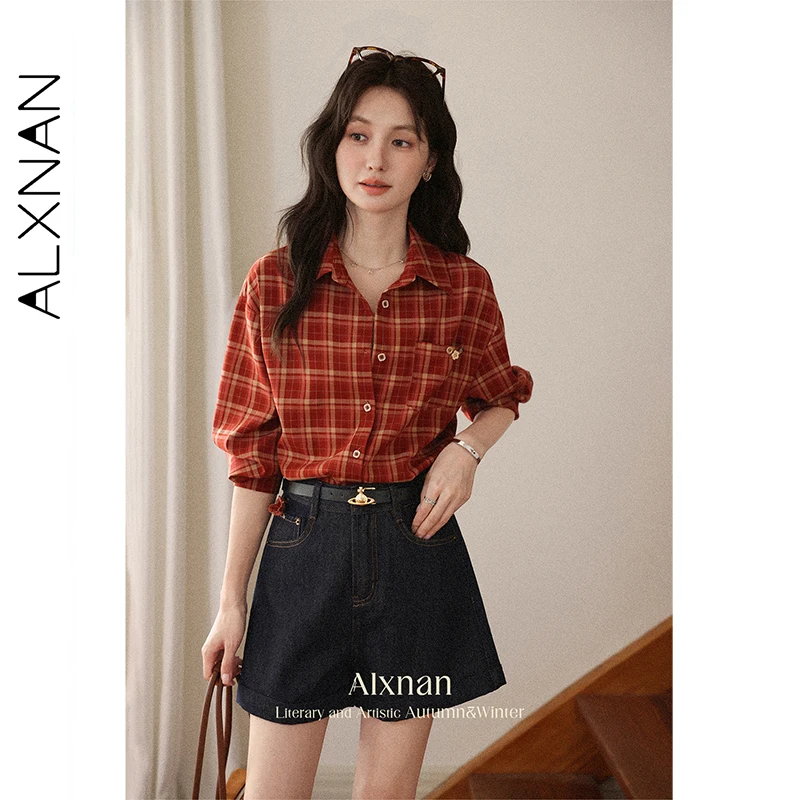 ALXNAN قميص منقوش خمر زهرة زر جيوب فضفاضة تناسب المرأة قمصان الخريف عادية تنوعا التنقل الإناث بلوزة L56836