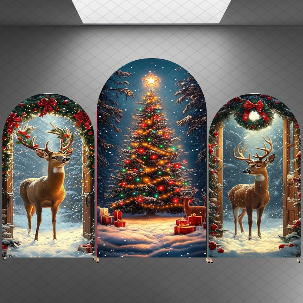 Mocsicka Weihnachtsbogen-Hintergrund, Winter, Schnee, Baum, Hirsch, Dekoration, Kinder, Geburtstag, Familie, Urlaub, Party, gewölbter Hintergrund