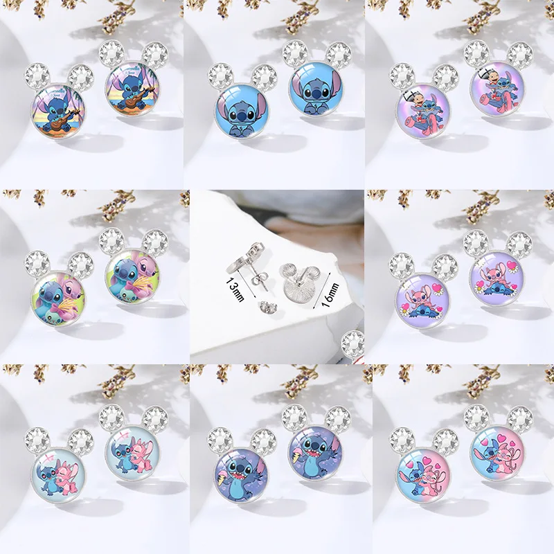 Disney Lilo & Stitch Cartoon Time Gem Cabochon Earrings Anime Characters Head Shape Earrings Christmas Jewelry Gifts for Girls