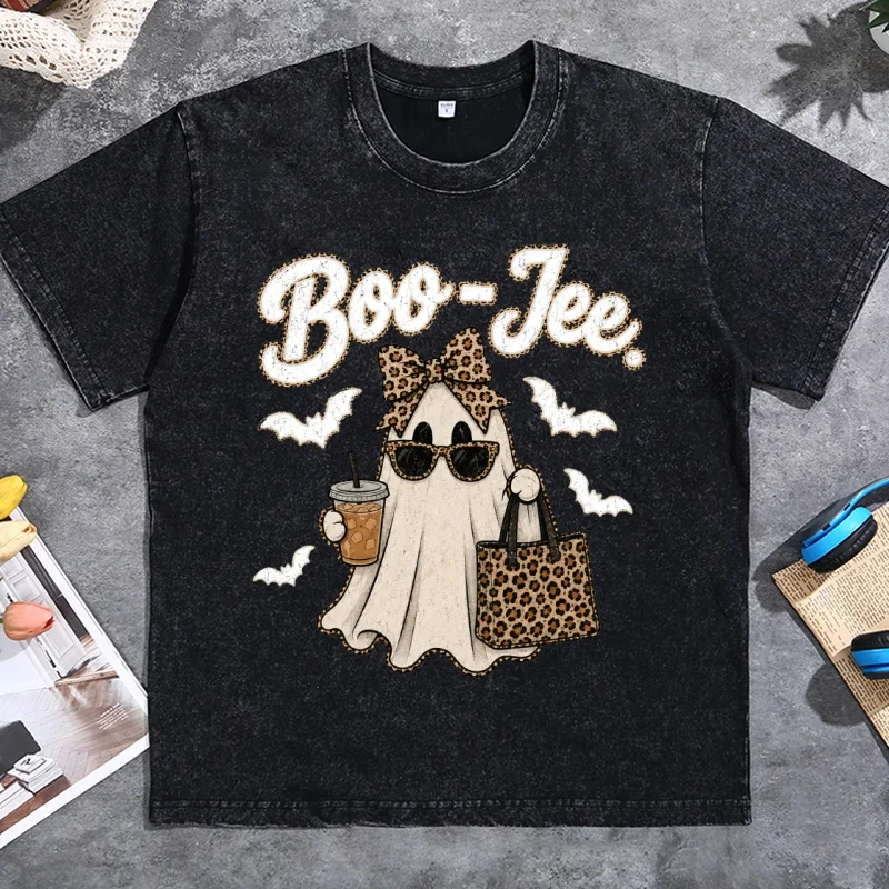 Boo-Jee Ghost T Shirt Leopard Coffee Fall T-shirt Casual Round Neck Printed Cotton Short Sleeve Tshirts Vintage Washed Halloween