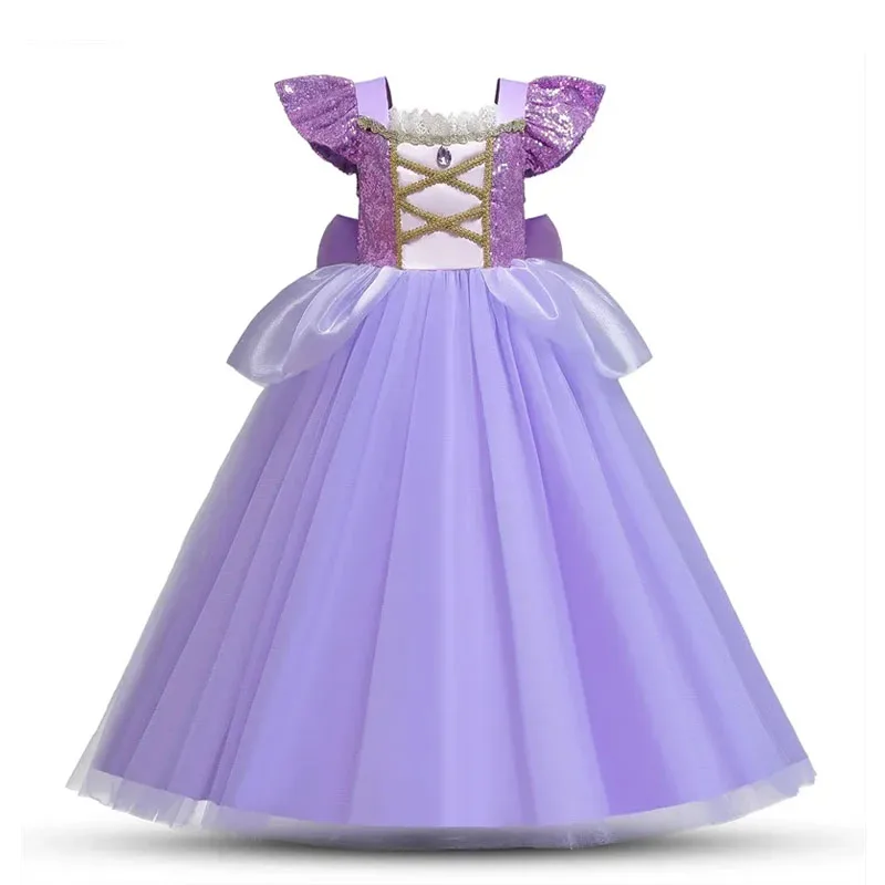 European and American Style Girl Princess Dress Rapunzel Apparel Ball Gown with Bow at Back Children Halloween Tangled Role Play