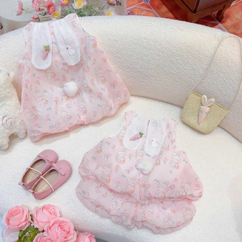 

Girls2024Summer New Children's Clothing Baby Girl All-Match and Cute Rabbit Cartoon Summer Bud Dress Suit