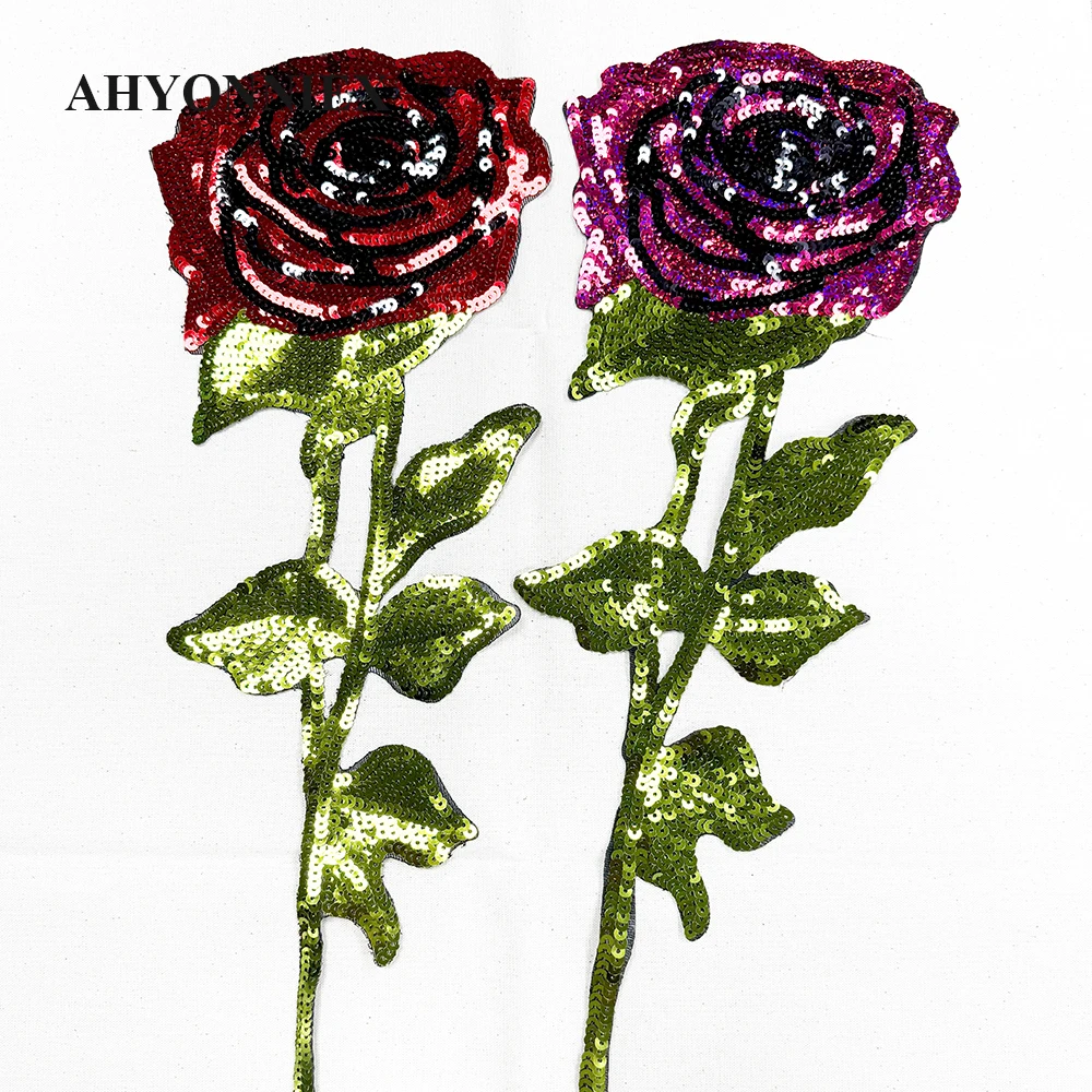 1 Piece 15*45cm Fashion Red and Rose Red Sequins Rose Parch For Costume Dress Coat Iron on Patch for Clothing DIY Decoration
