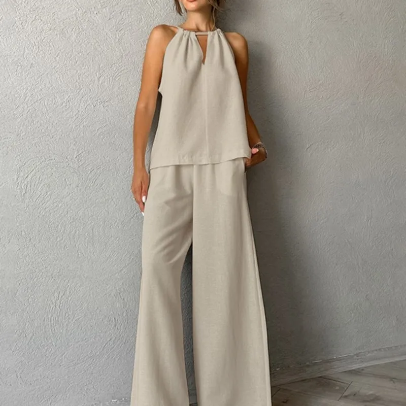 

Women's Vacation Two-piece Halter Top Wide-leg Trousers Cotton Set Solid Color Comfortable Casual Sleeveless Two Piece Set Women