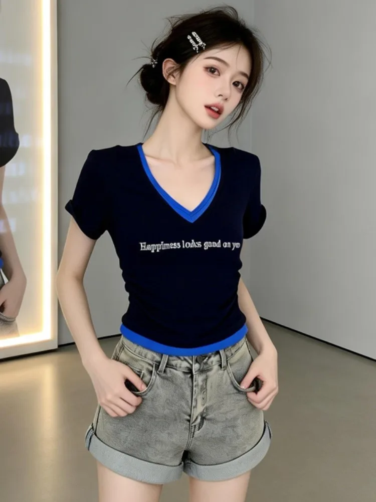 

Korean Style Color Block Short Sleeve V-Neck T-Shirt Women's Slim Fit Casual Summer Top Fake Two-Piece Youthful Shirt