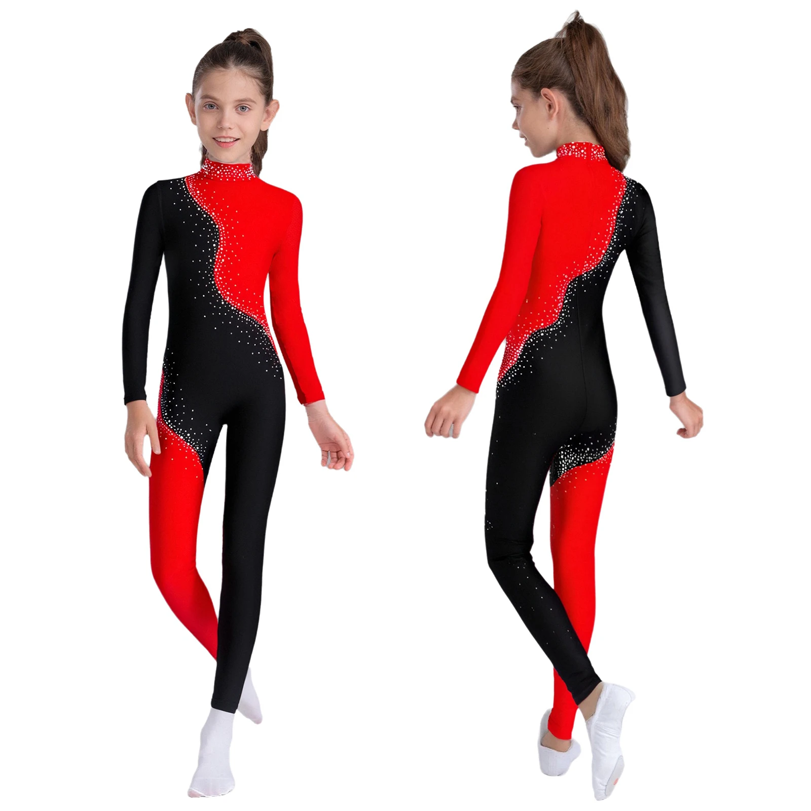 Children Girls Figure Skating Ballet Dance Gymnastics Acrobatics Leotard Long Sleeve Shiny Rhinestone Bodysuit Yoga Jumpsuit