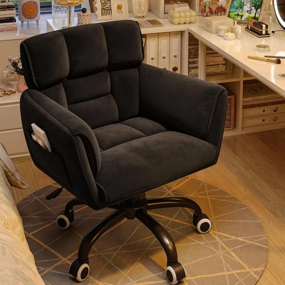 Adjustable Height Upholstered Vanity Chair with Wheels and Side Pockets for Home Office, Bedroom - Black