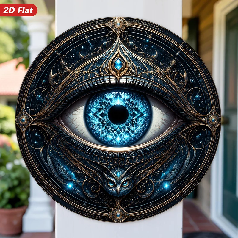 2D Flat, Mystic Cosmic Eye Round Metal Aluminum Sign Wall Art, Blue Crystal Iris, Ornate Golden Filigree, Home Decor