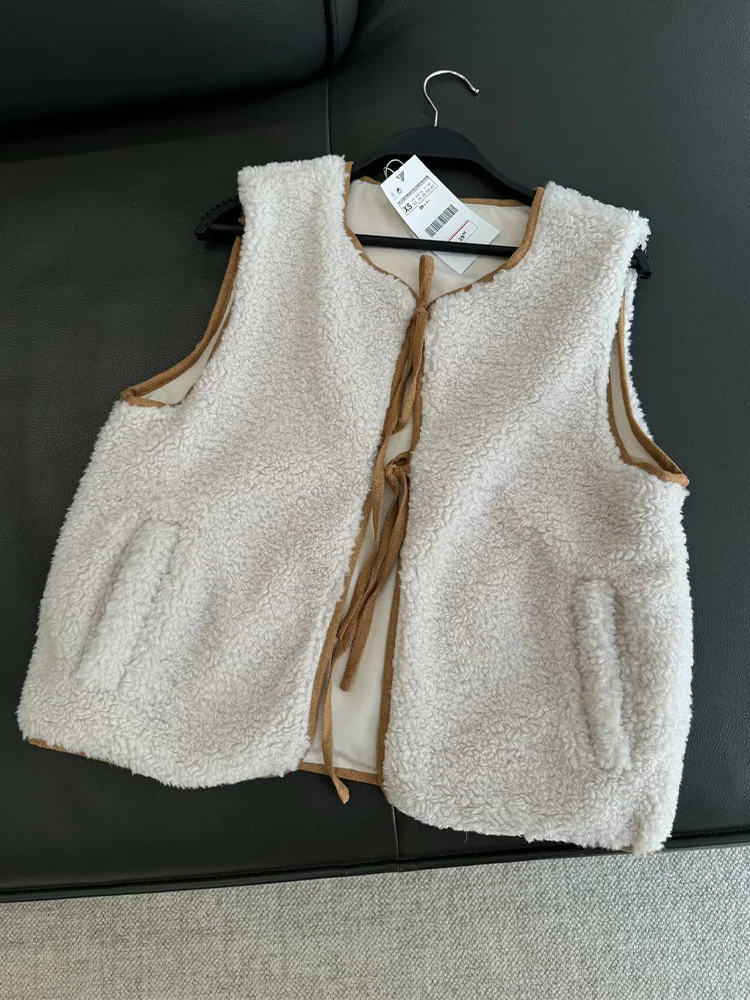 Zach AiIsa2024 women's autumn and winter new products fashion temperament loose pocket bow sleeveless lamb wool vest vest