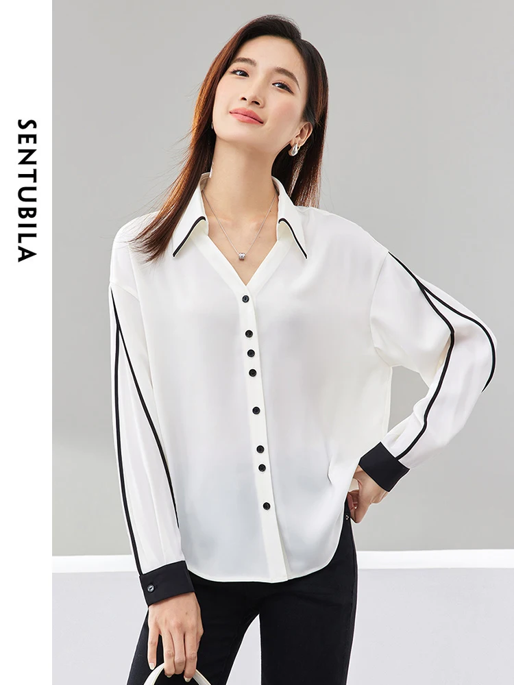 

SENTUBILA Contrast Patchwork White Shirt Woman 2024 Spring Autumn Loose V Neck Button Up Drop Long Sleeve Women Tops 141C52580