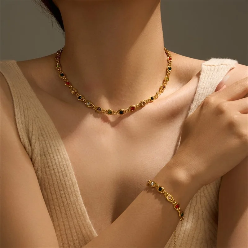 EILIECK 316L Edelstahl Bunte Zirkonia Kette Halskette Armband Schmuckset Damen Zarte Halskette Partygeschenk – Detail 10